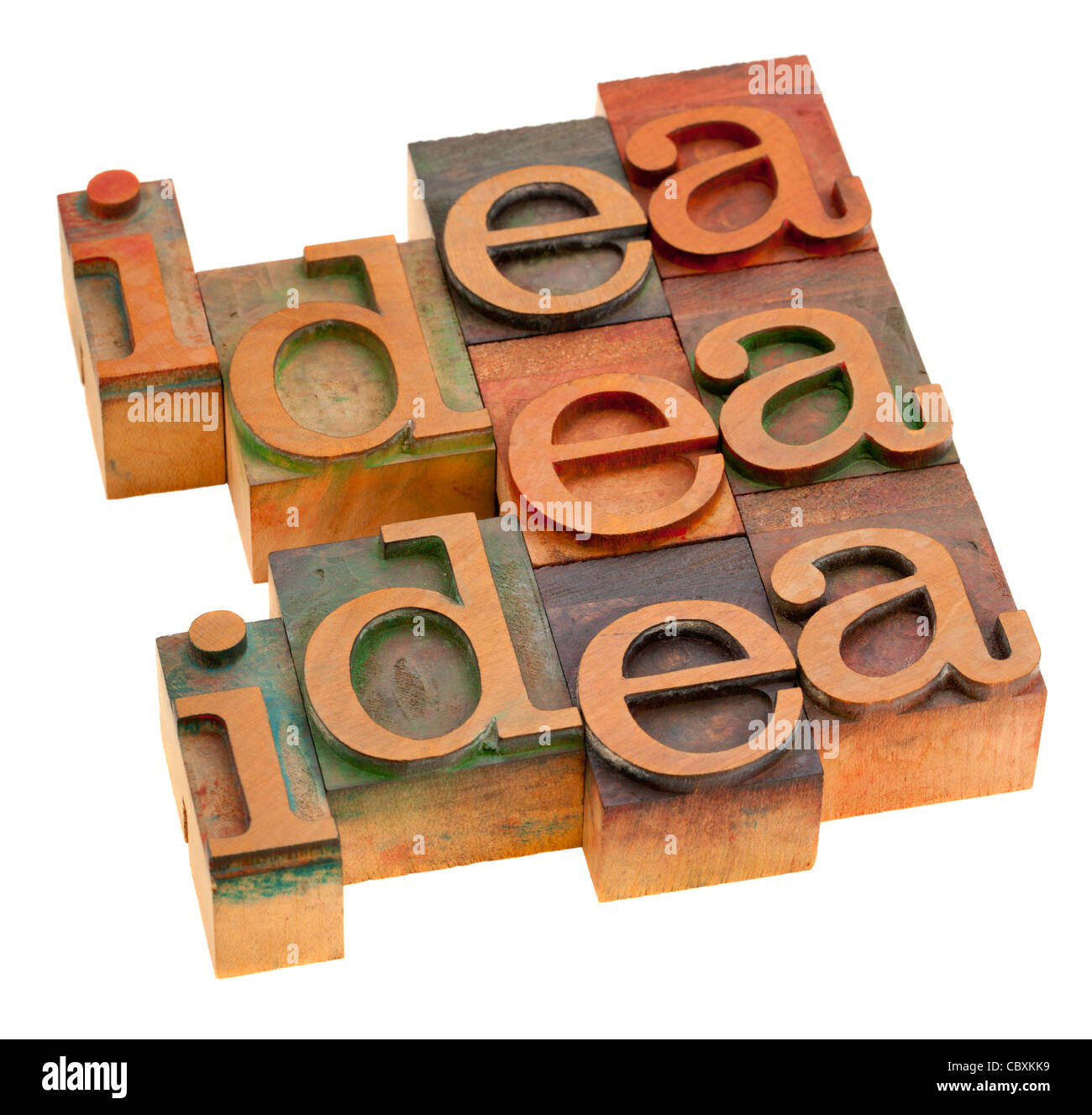 Idea astratta di parola in legno vintage rilievografia tipo isolato su bianco Foto Stock