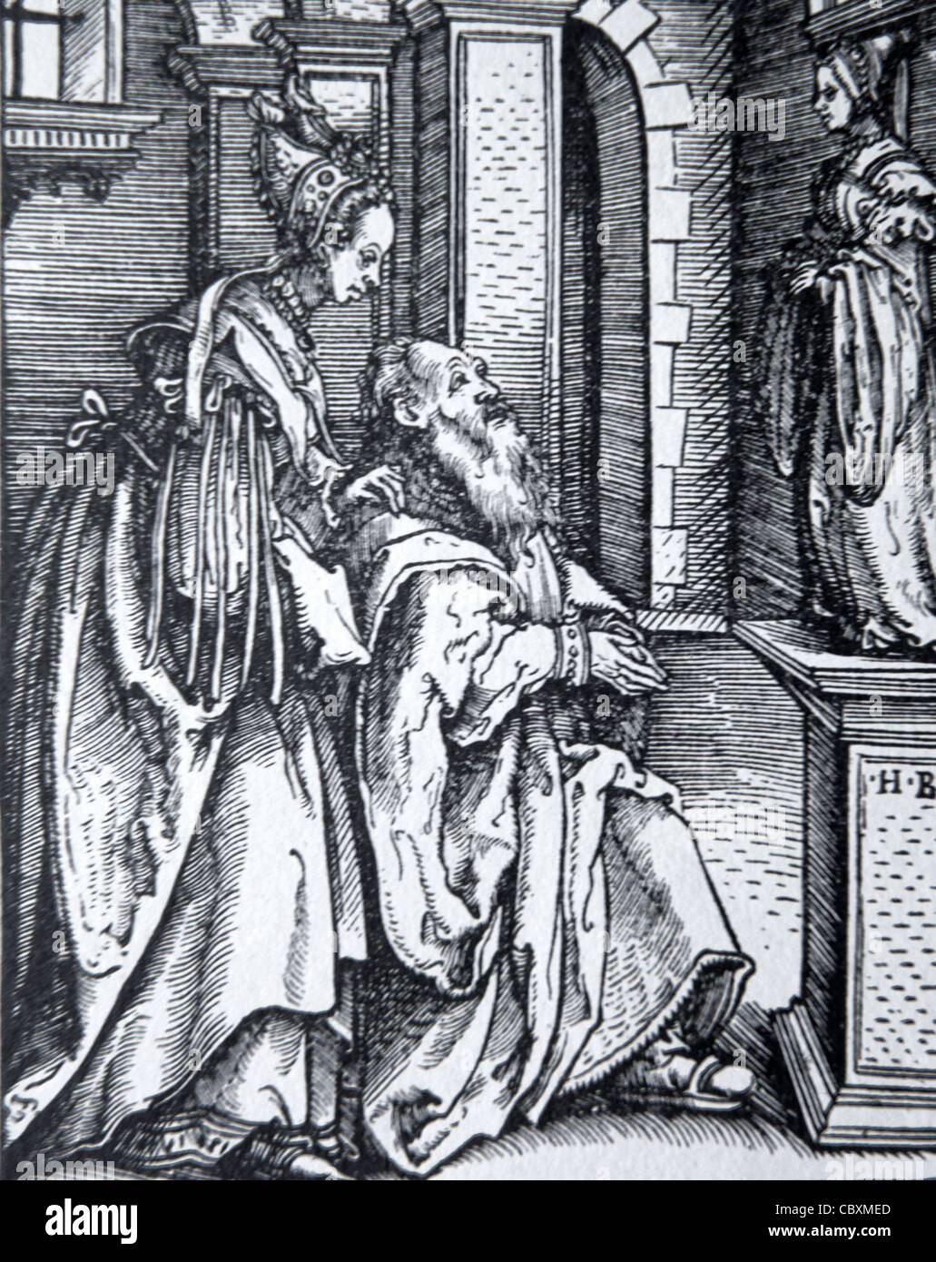 Salomone idolatria, o Soloman pregando per un idolo, Tedesco Silografia o incisione di Hans Burgkmair (1473-1531) Foto Stock