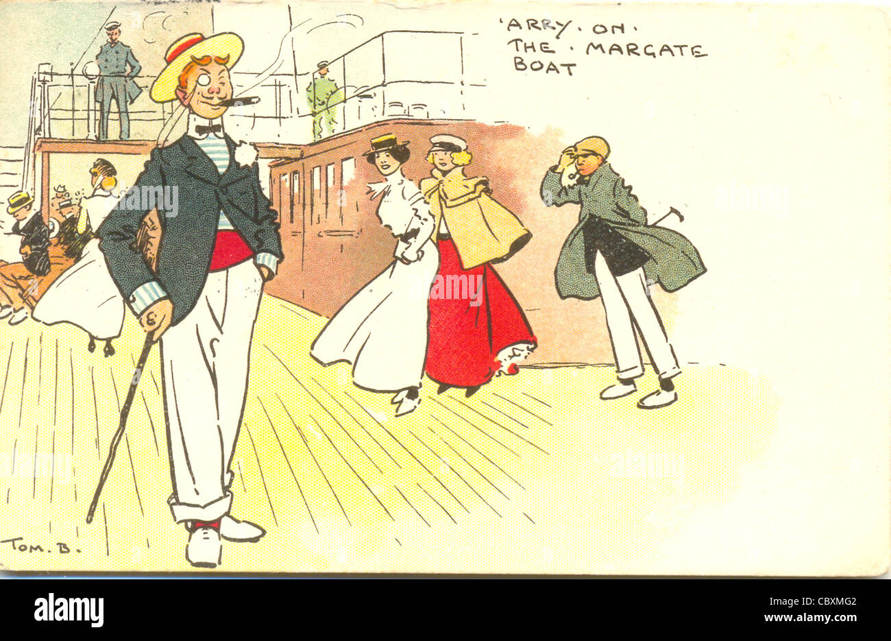 Cartolina di fumetti da Tom Browne di Londra dandy sulla barca a Margate Foto Stock