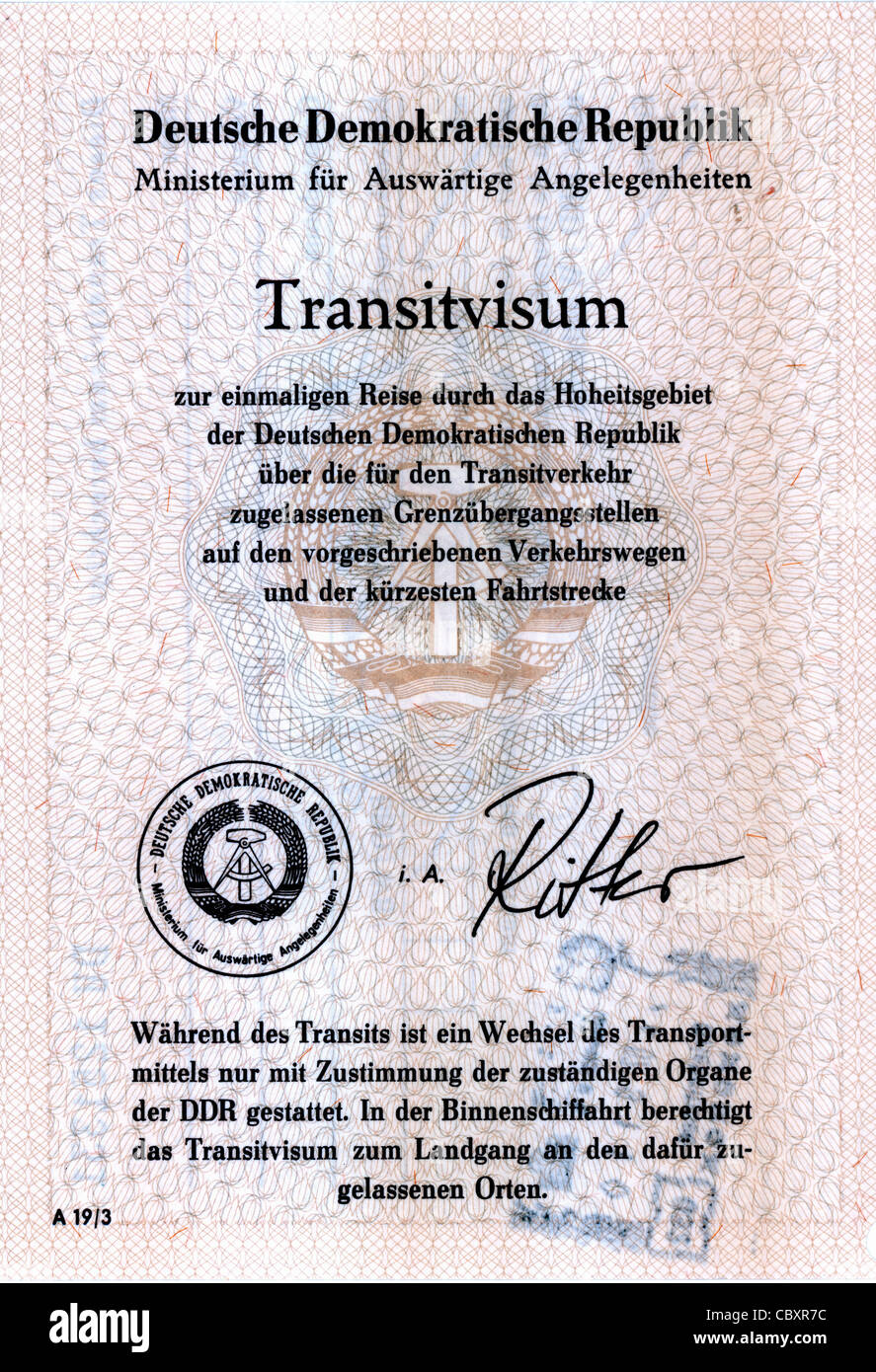 Il visto di transito della Repubblica democratica tedesca per un viaggio sulle vie di transito attraverso la RDT. Foto Stock