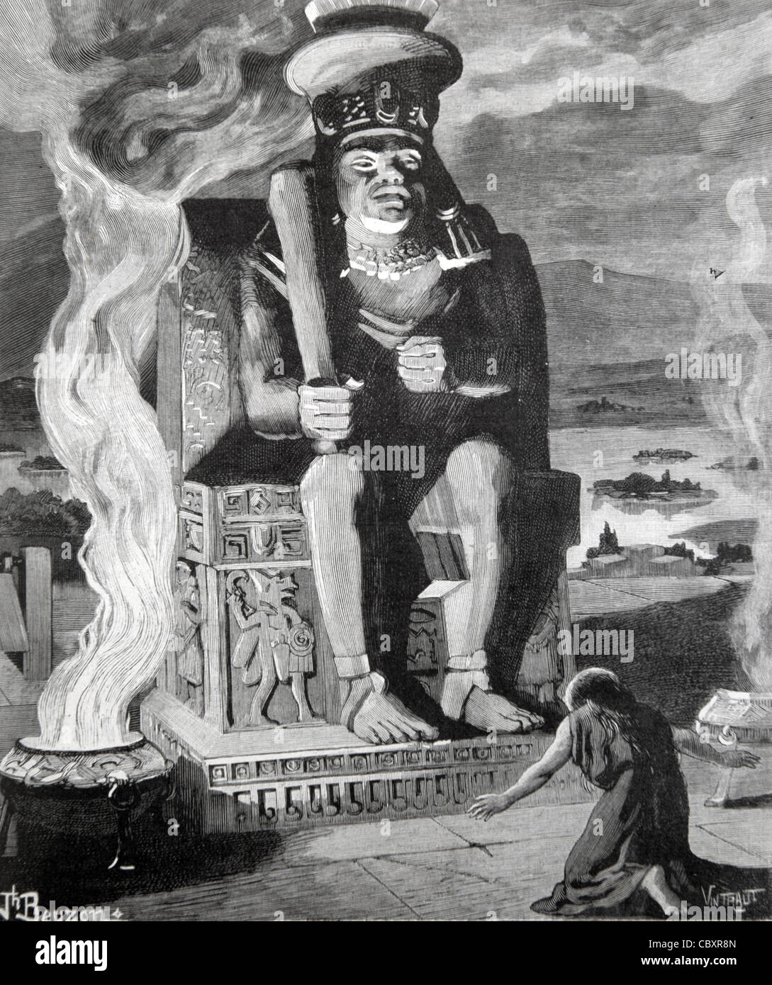 Dio azteco della guerra e Dio del sole, Huitzilopochtli o Uitzilopochtli, e patrono della città di Tenochtitlan, Impero azteco, Messico. Illustrazione o incisione vintage Foto Stock