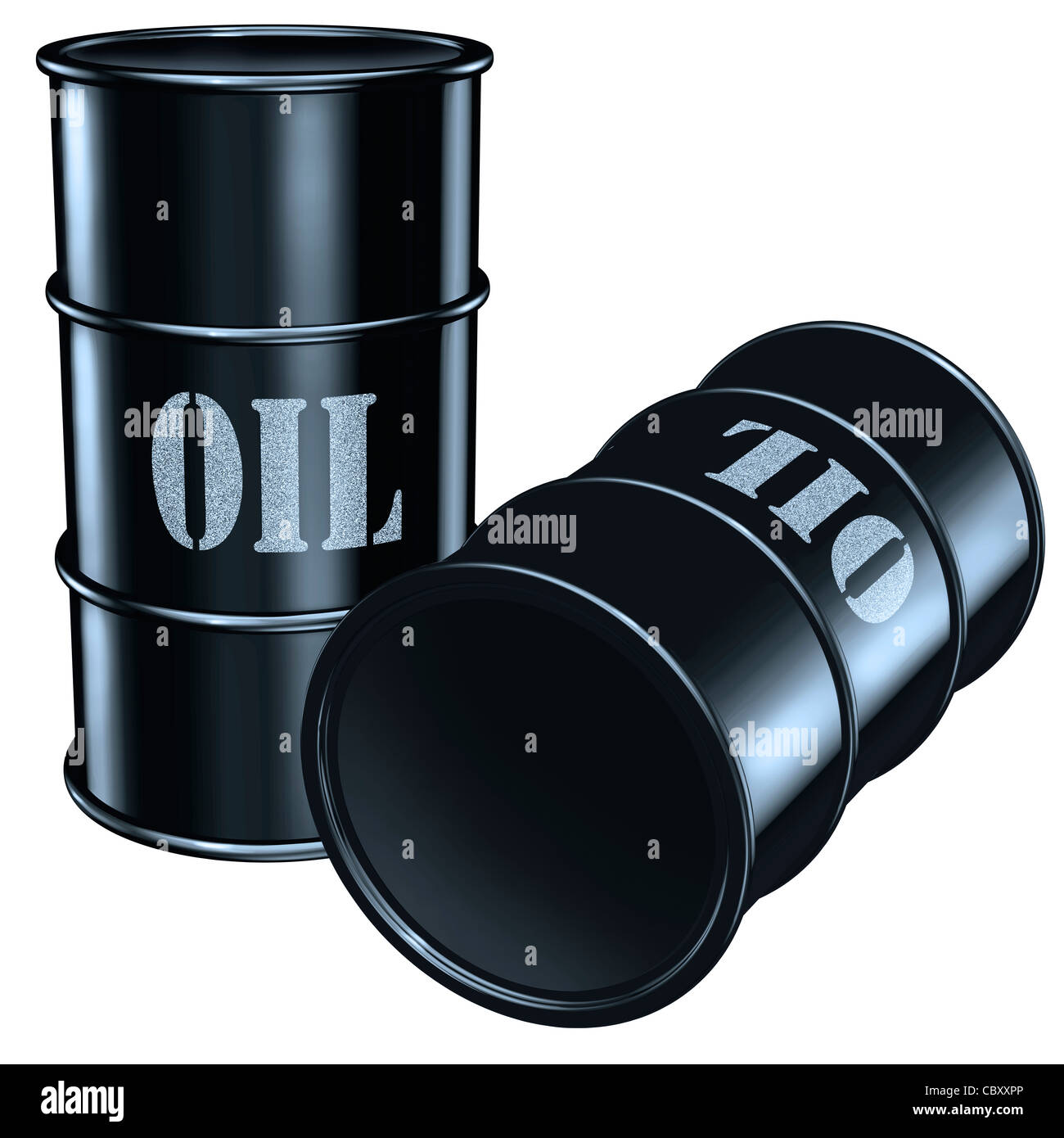 Barili di olio con olio stampata sul lato Foto Stock