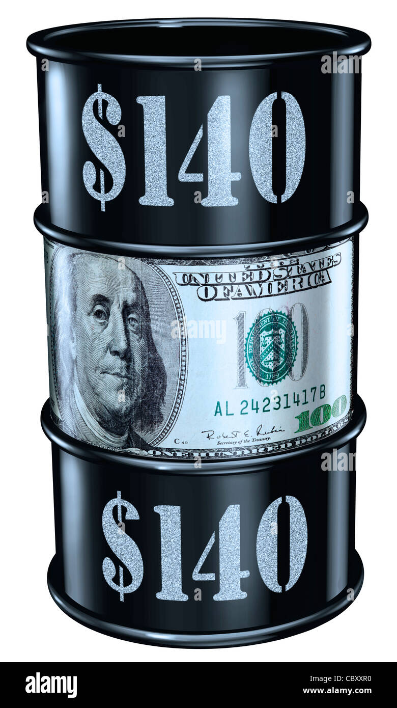Barile di petrolio con $140 stampata sul lato Foto Stock