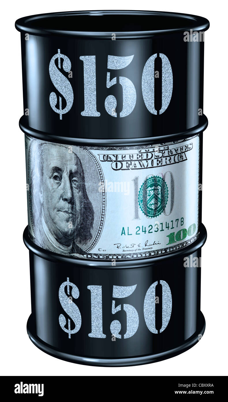 Barile di petrolio con $150 stampata sul lato Foto Stock