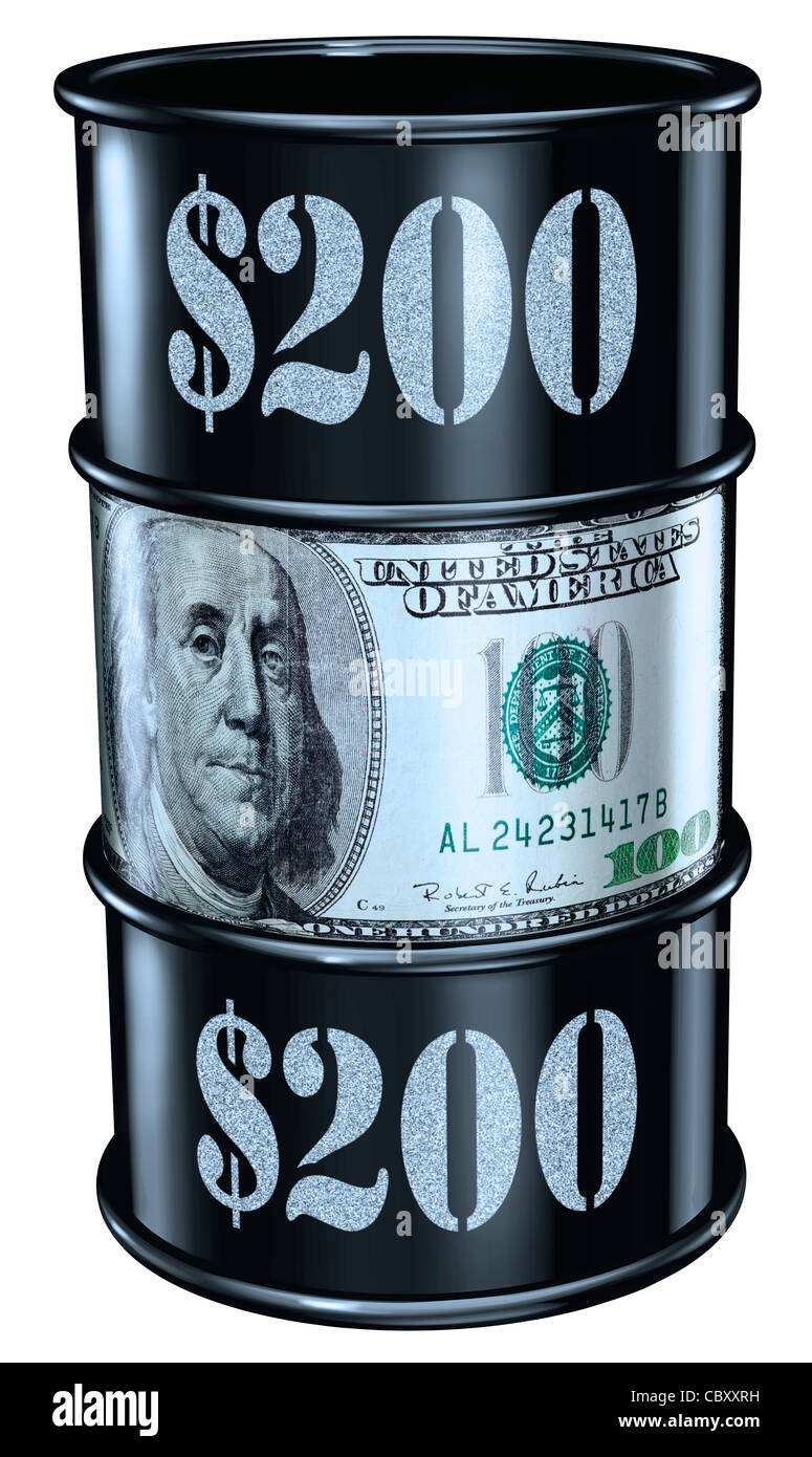 Barile di petrolio con $200 stampato sul lato Foto Stock
