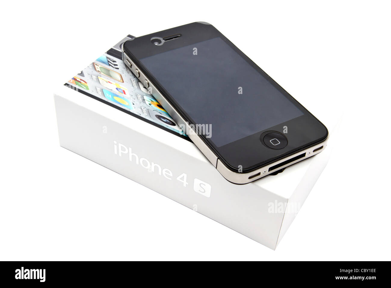 Apple iPhone 4s e la casella closeup su bianco Foto Stock