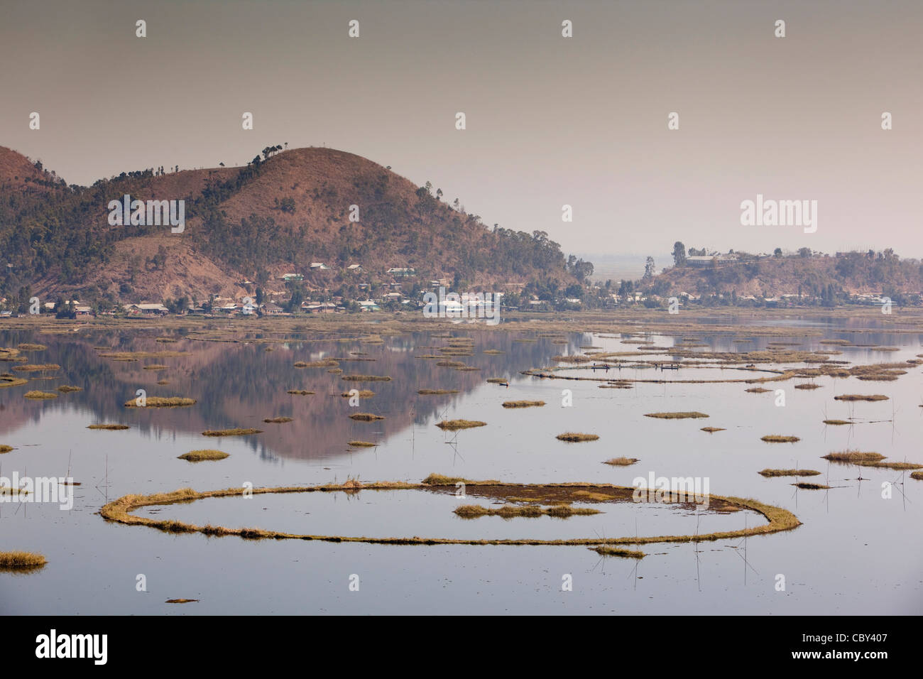 India, Manipur, Imphal, Loktak Lago, circolare di isole galleggianti ingabbiati da giacinto di acqua erbacce Foto Stock