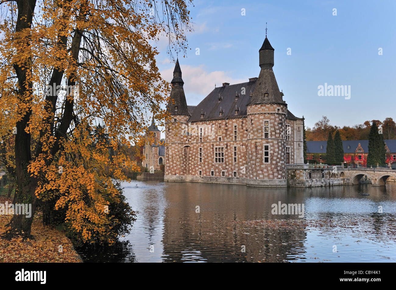 Castello Jehay con facciata a scacchiera in autunno, Belgio Foto Stock