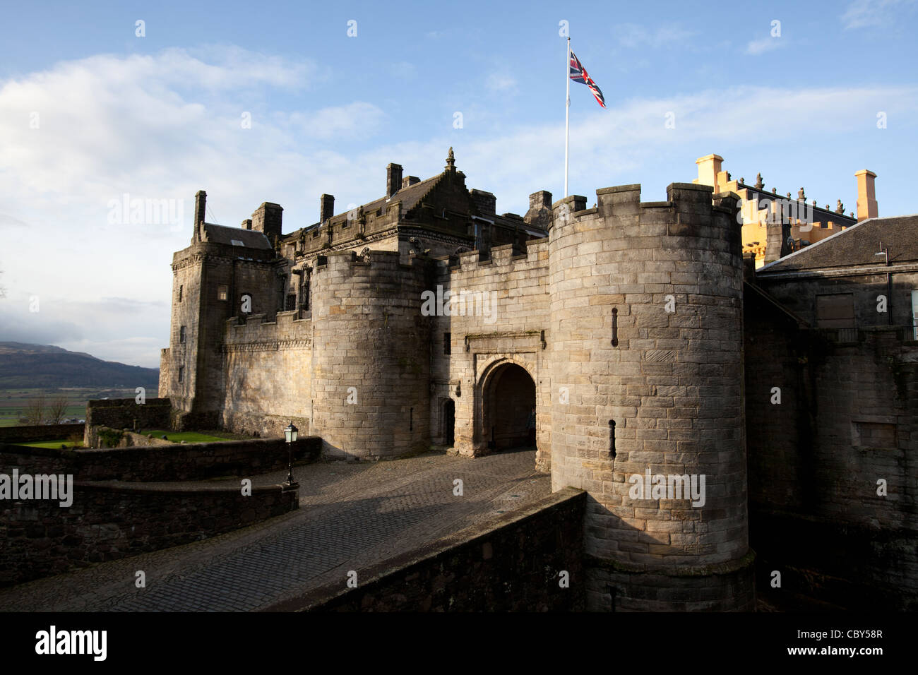 Città di Stirling, in Scozia. La facciata sud e forework del Castello di Stirling difese interne. Foto Stock