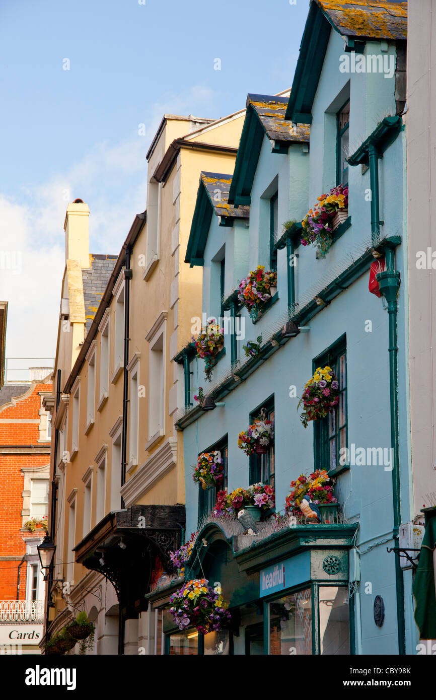 Un display a colori dei fiori di plastica in scatole di finestra sopra un negozio a Bridport, Dorset, England, Regno Unito Foto Stock