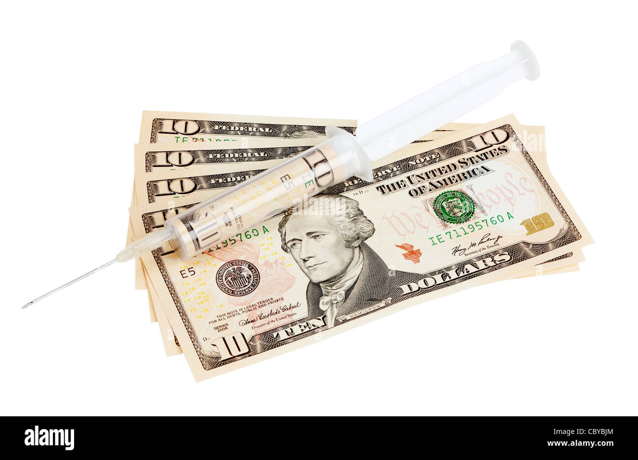 Una siringa su dieci le fatture del dollaro Foto Stock