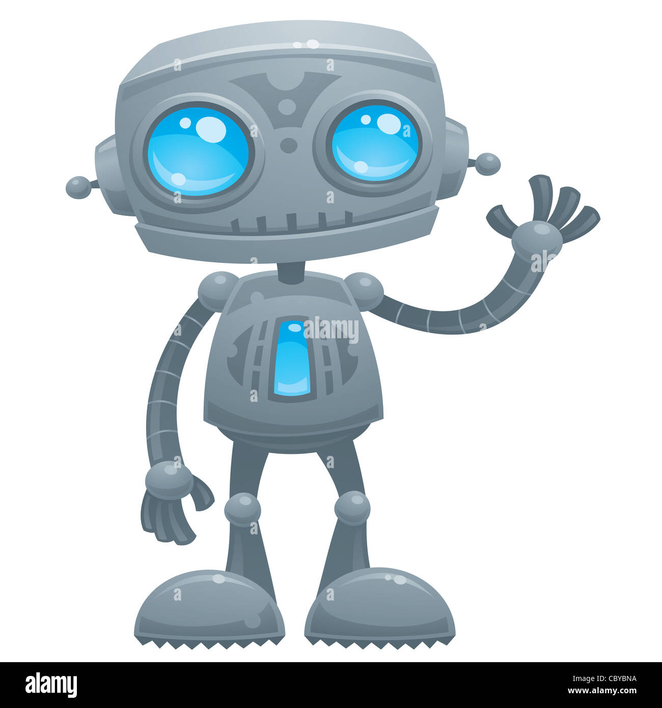 Vector cartoon illustrazione di un simpatico e cordiale robot con gli occhi blu sventola ciao. Foto Stock