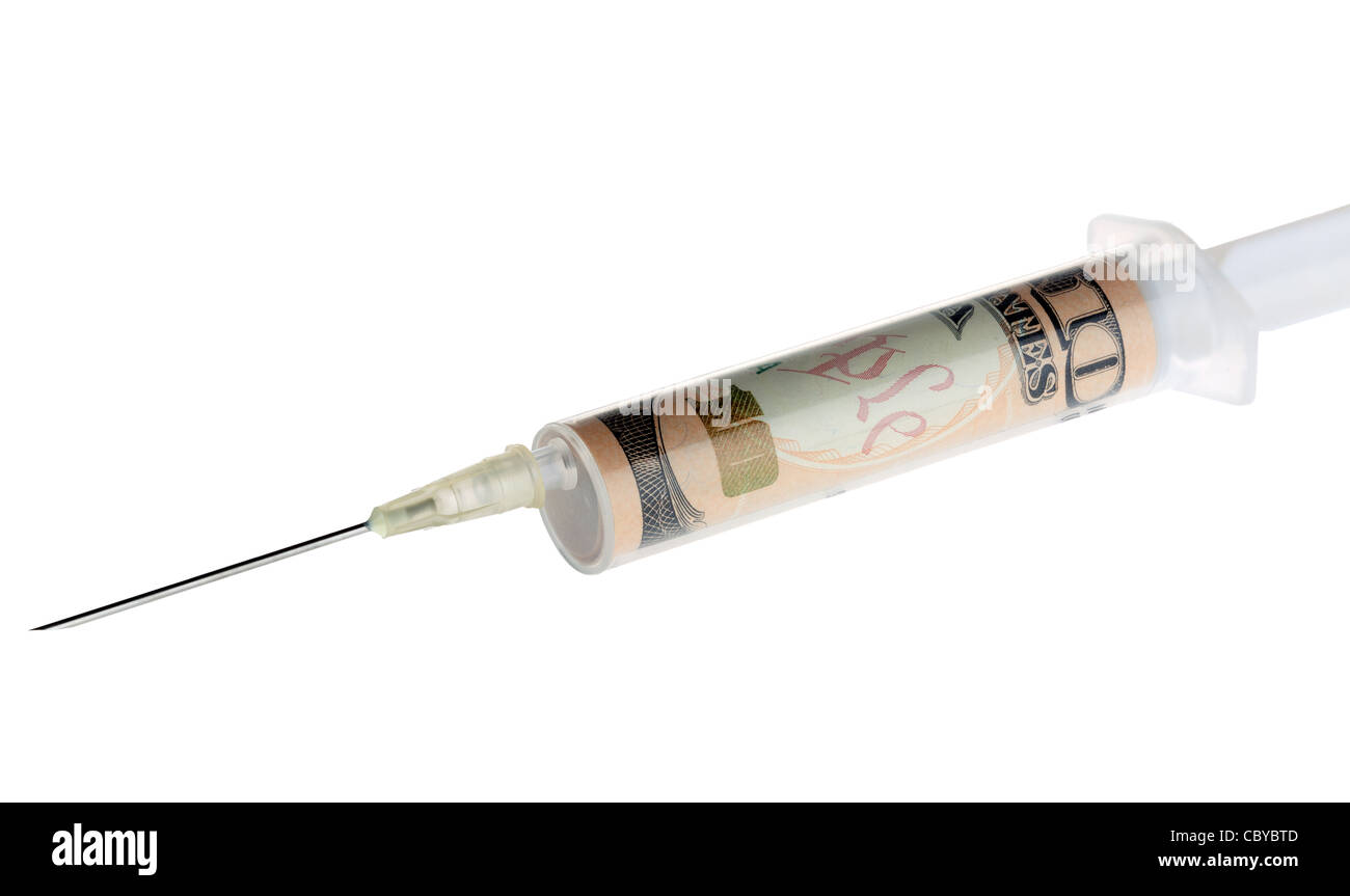 Un dieci dollari all'interno di una siringa Foto Stock
