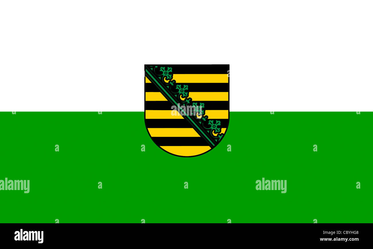 Bandiera di lo stato federale tedesco Sassonia con stemma. Foto Stock