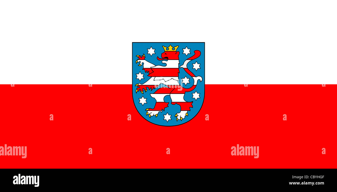 Bandiera di lo stato federale tedesco della Turingia con stemma. Foto Stock