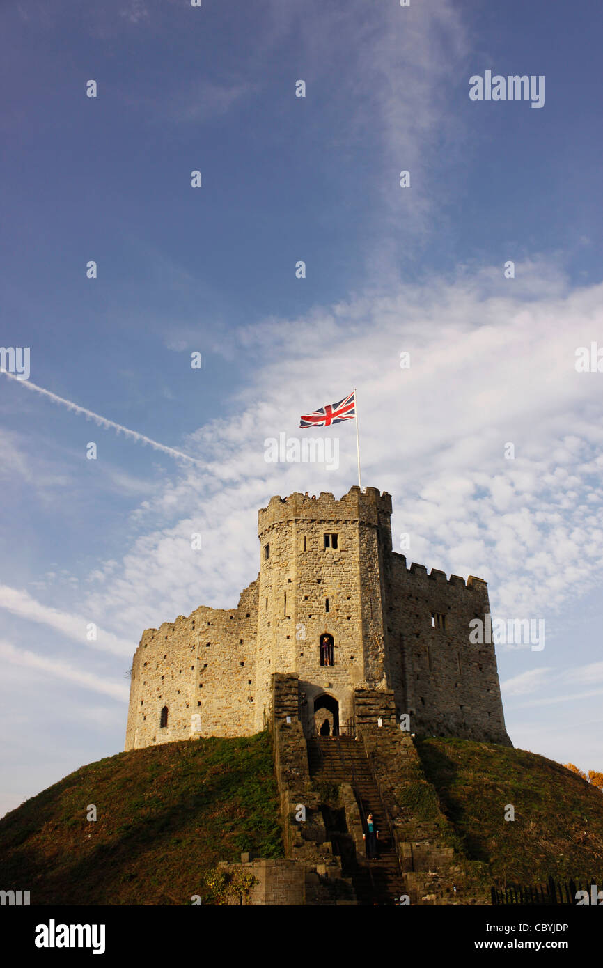 Il Castello di Cardiff Norman tenere, Cardiff South Wales UK Foto Stock