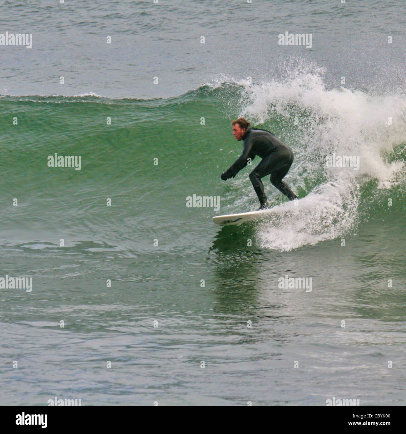 L'uomo surf in acqua fredda, Oceano Atlantico, Nova Scotia, Canada Foto Stock