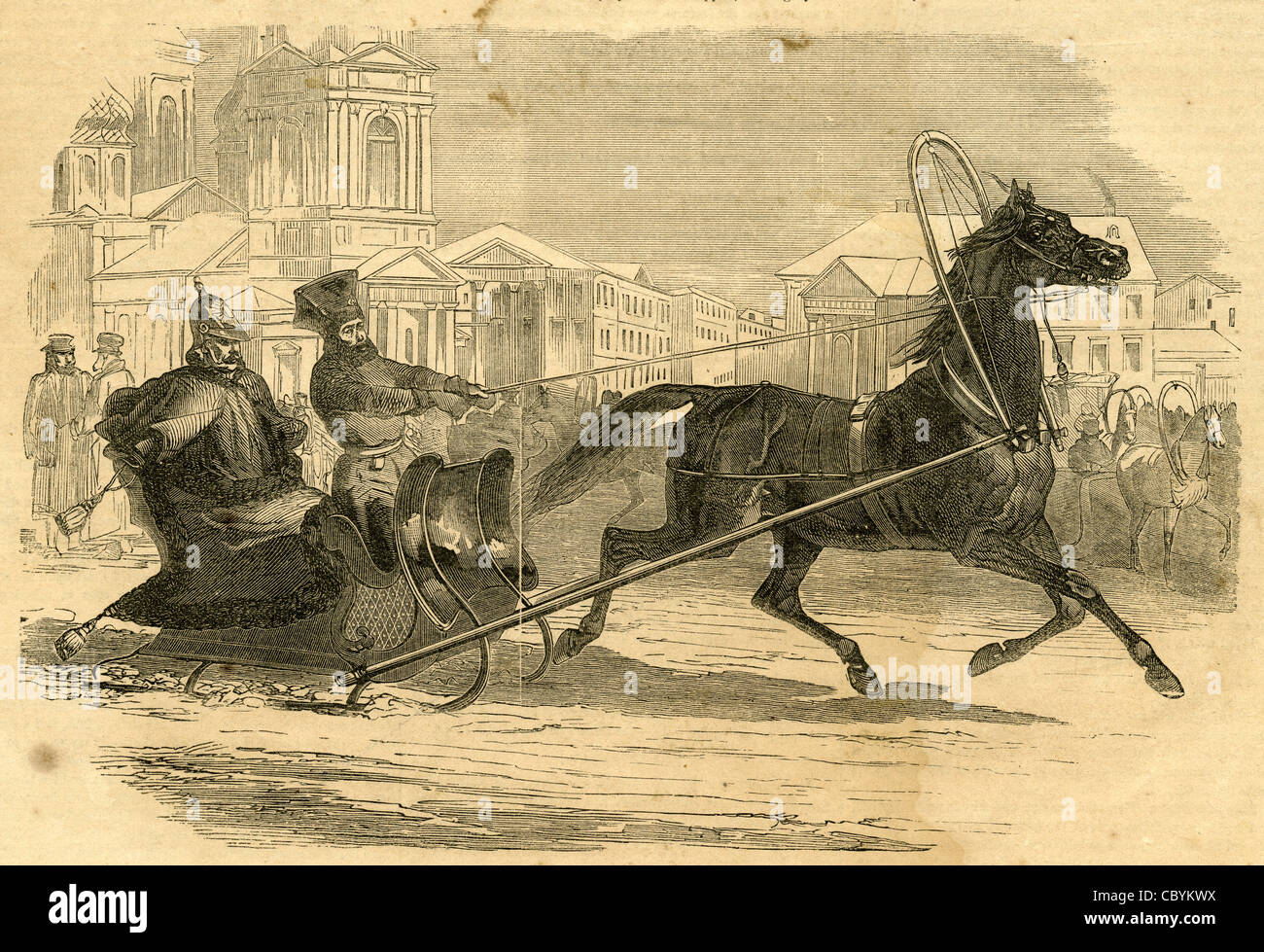 Incisione del 1854, l'imperatore di Russia della slitta o Droshky, a San Pietroburgo. Foto Stock