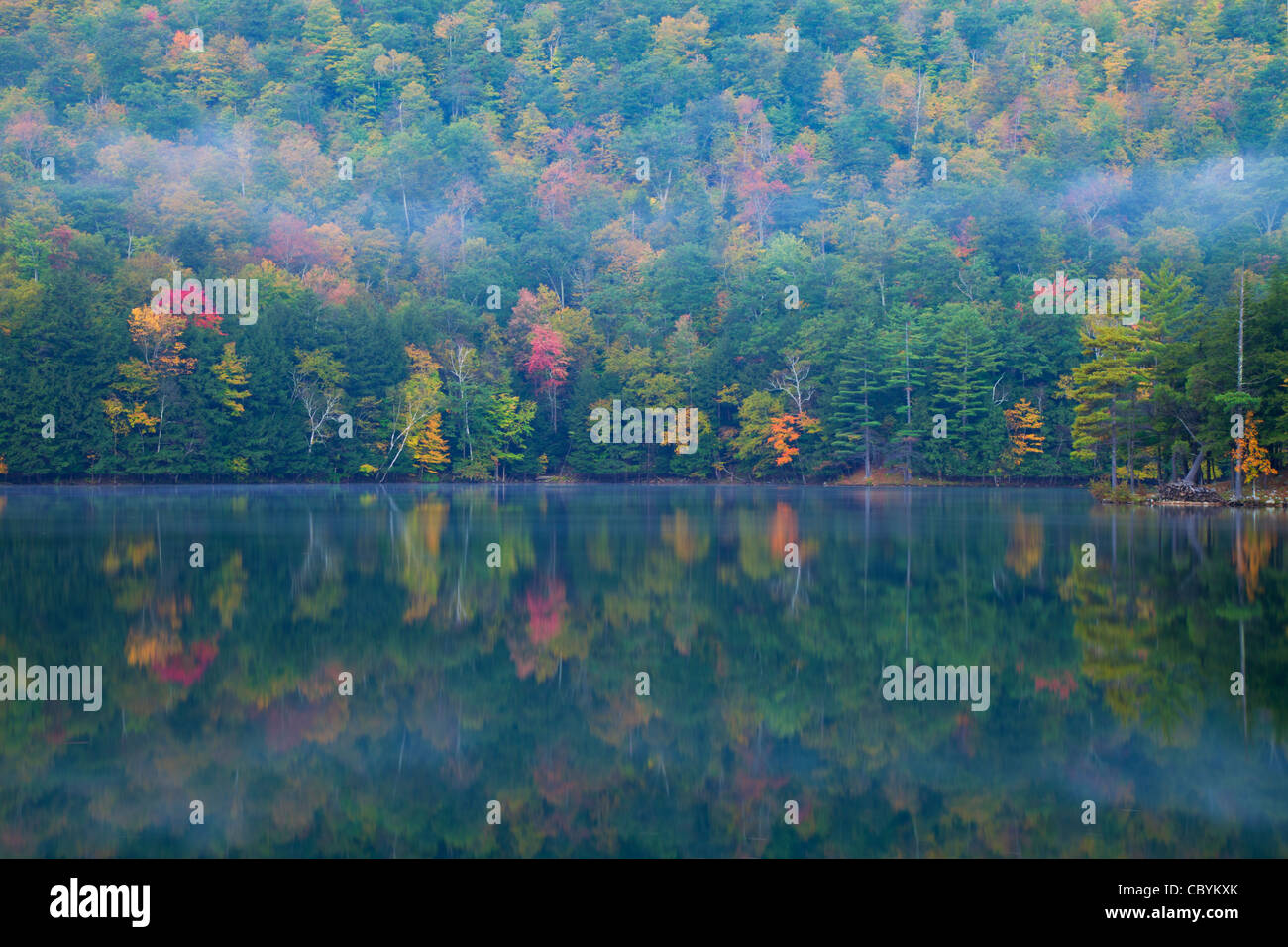 Nebbia di mattina su un riflettente Lago Smeraldo, Vermont. Foto Stock