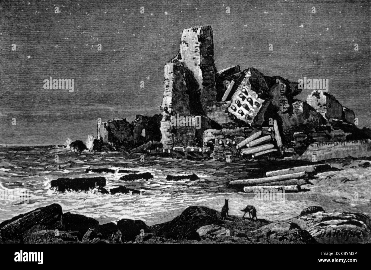 Caesarea Crusader Castle a Caesara Maritima, o Caesara Palaestina, di notte, Israele. c19 incisione o illustrazione d'epoca Foto Stock