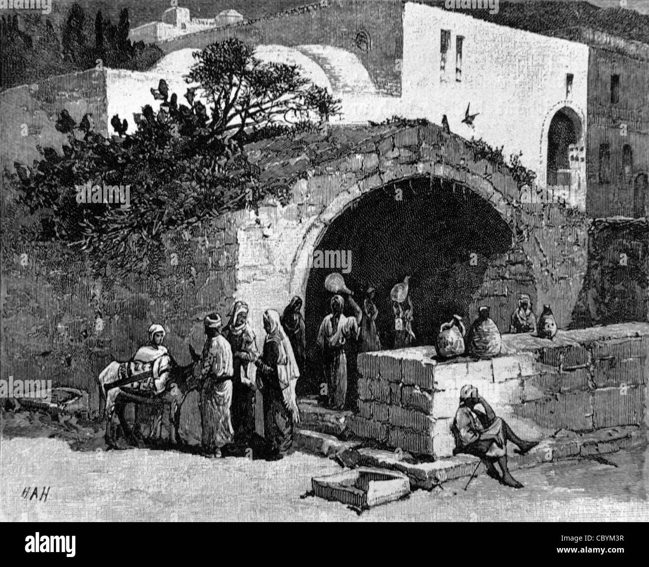 Fontana della Vergine Maria, o la Fontana della Vergine, Nazareth, Israele. c19 incisione o Illustrazione d'epoca Foto Stock