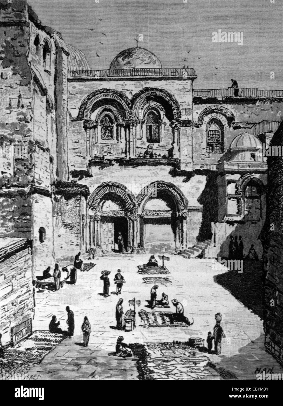 Chiesa del Santo Sepolcro o Sepolcro (f 335) nella Città Vecchia, Gerusalemme, Israele. c19 incisione o illustrazione d'epoca Foto Stock