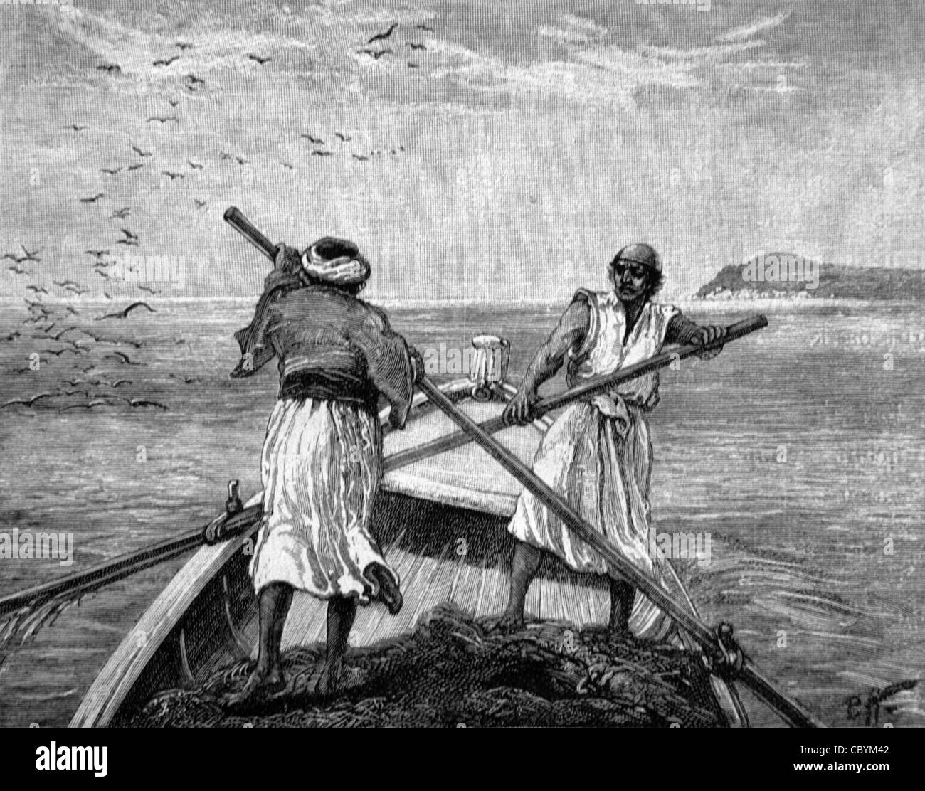 Pescatori in barca da pesca o Boatmen che canottano attraverso il mare di Galilea, alias Lago Tierias, Lago Kinneret o Lago Kinnereth Israele, c19 incisione o illustrazione d'epoca Foto Stock