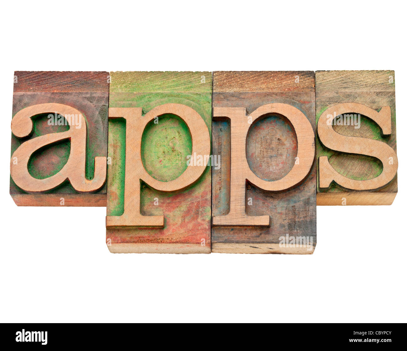 App - il software di applicazione per dispositivi mobili - testo isolato in legno vintage tipo di stampa tipografica, colorato mediante inchiostri a colori Foto Stock