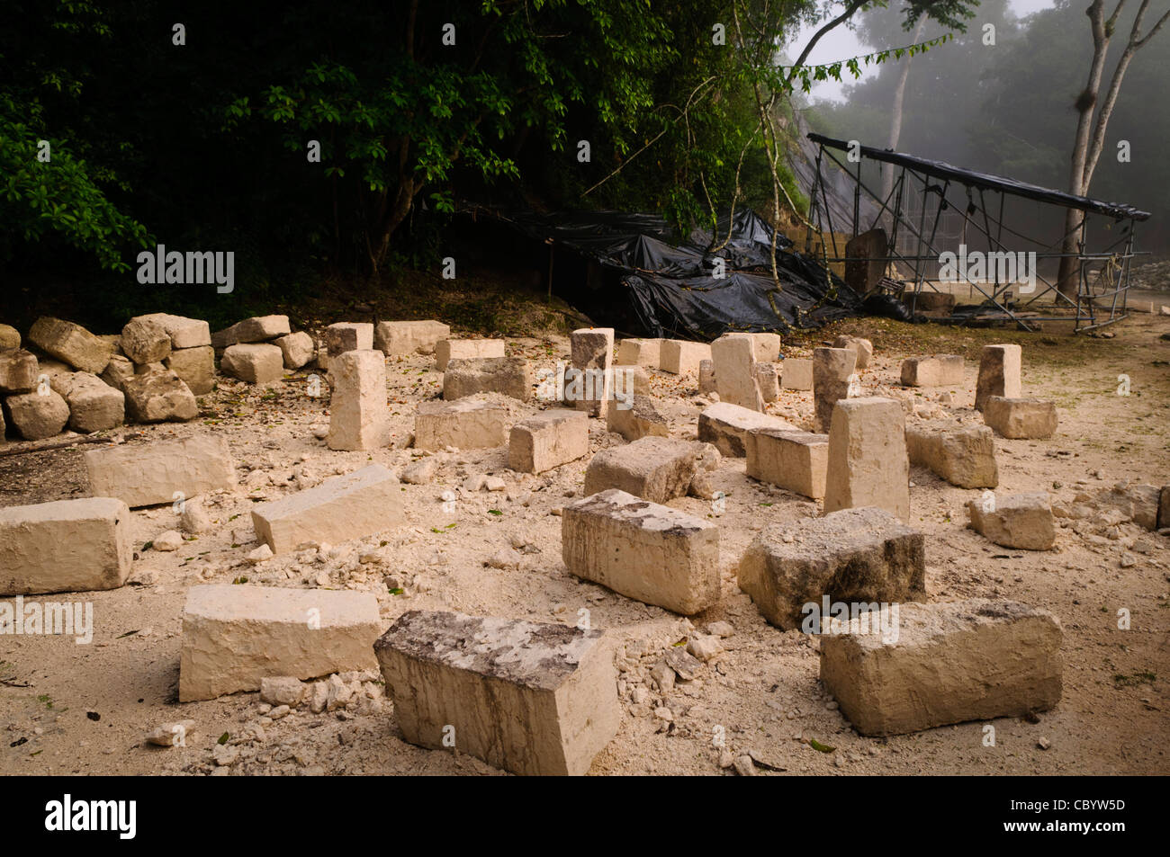 Tikal Temple IV Restauro blocchi di pietra calcarea Guatemala // TIKAL, Guatemala - blocchi di pietra calcarea appena scolpiti mostrano lavori di restauro archeologico in corso alla base del Tempio IV, la struttura più alta di Tikal. Queste pietre di ricambio accuratamente lavorate aiutano a stabilizzare e preservare l'antico tempio Maya mantenendo al contempo la precisione storica. I lavori di restauro rappresentano tecniche di conservazione archeologica contemporanee in questo sito patrimonio dell'umanità dell'UNESCO. Foto Stock