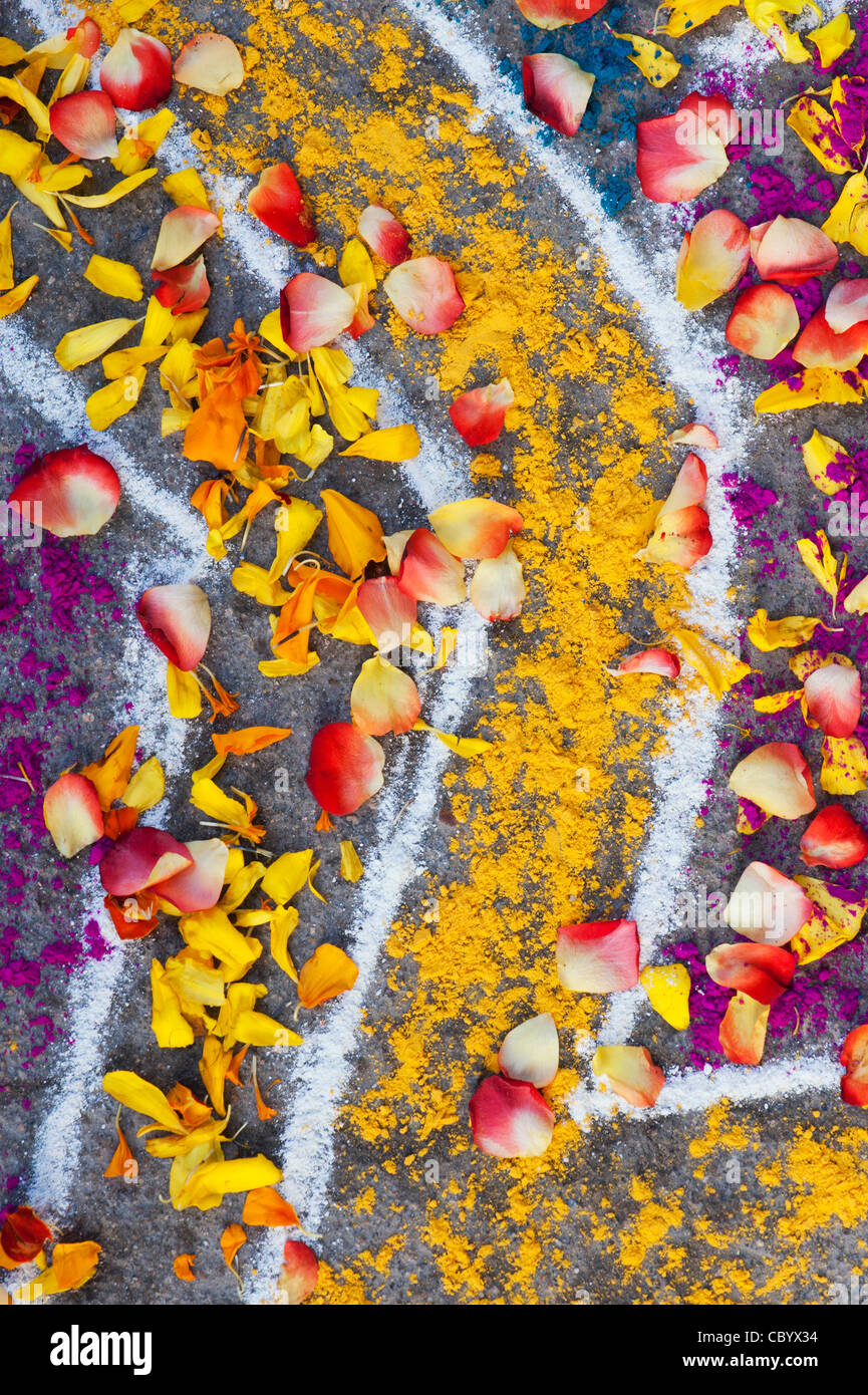 Rangoli festival di polvere colorata design e petali di fiori in un Indiano street. Andhra Pradesh, India Foto Stock