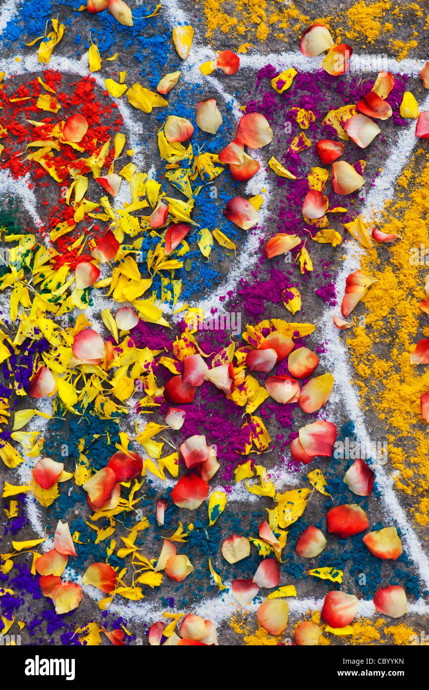 Rangoli festival di polvere colorata design e petali di fiori in un Indiano street. Andhra Pradesh, India Foto Stock