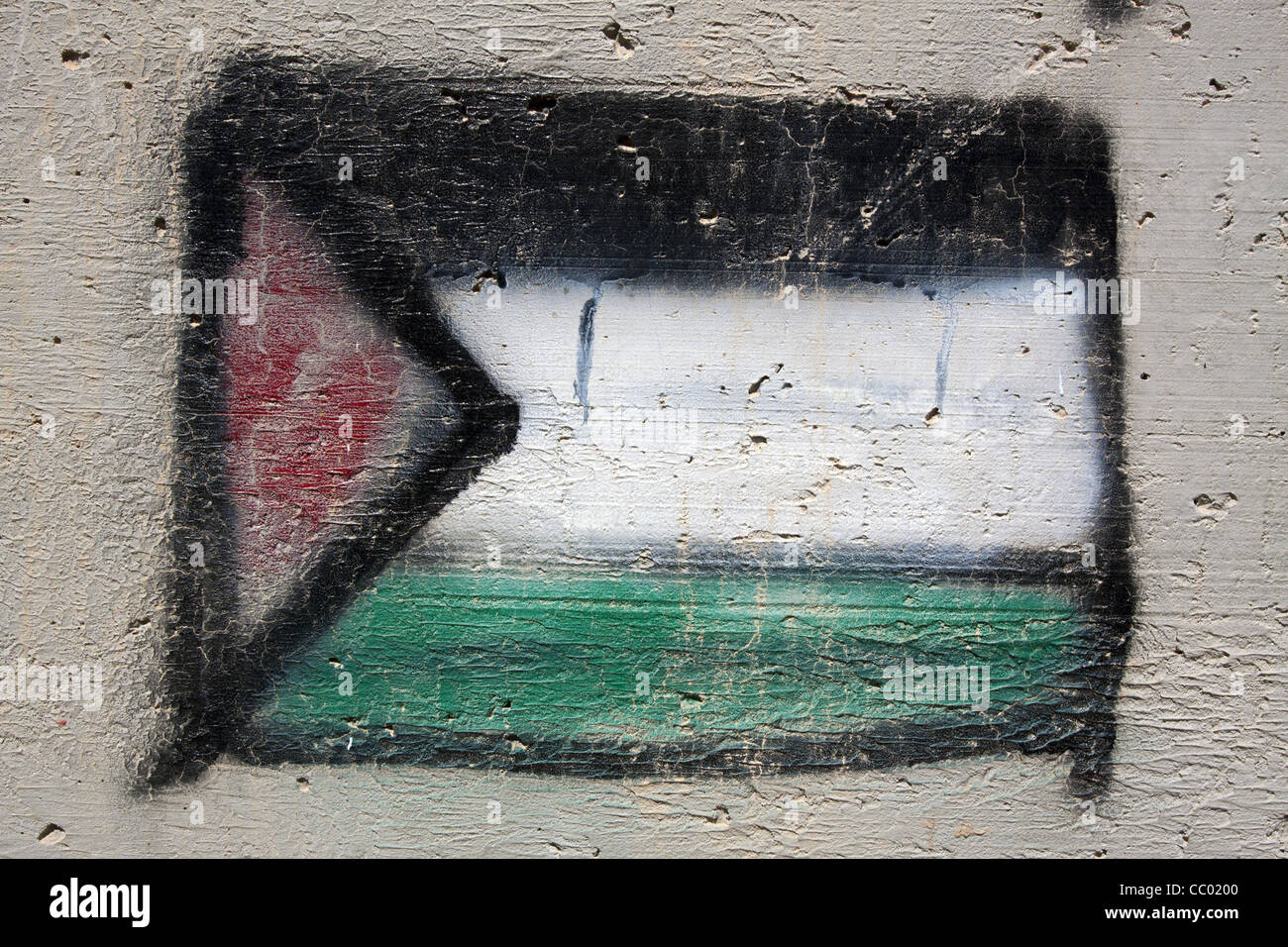 Bandiera palestinese dipinta sulla parete di separazione tra Israeliani e Palestinesi, Betlemme, West Bank, AUTORITÀ PALESTINESE Foto Stock