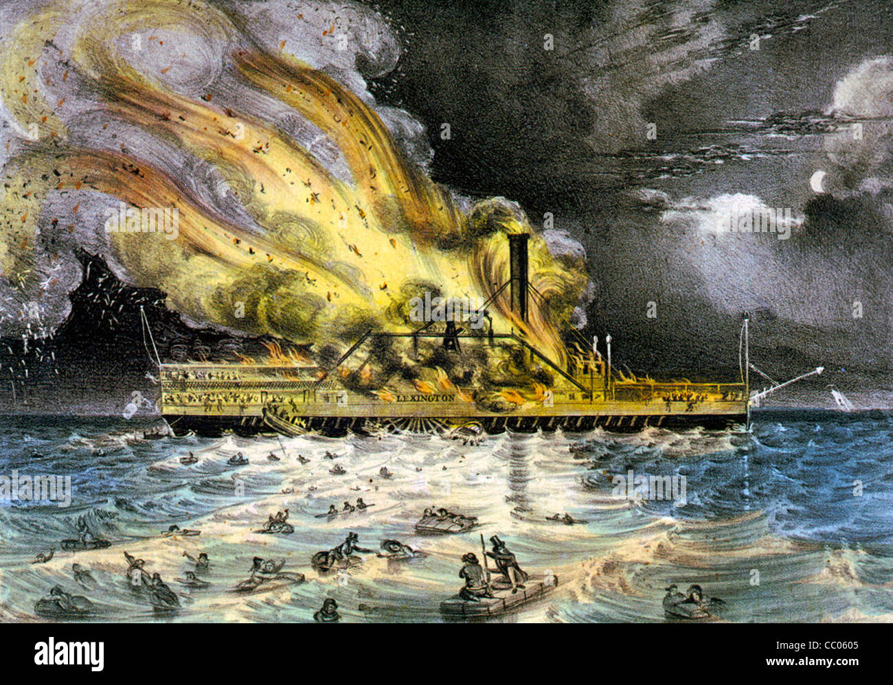 Terribile conflagrazione del battello a vapore Lexington nel Long Island Sound lunedì sera, 13 Gennaio 1840 Foto Stock