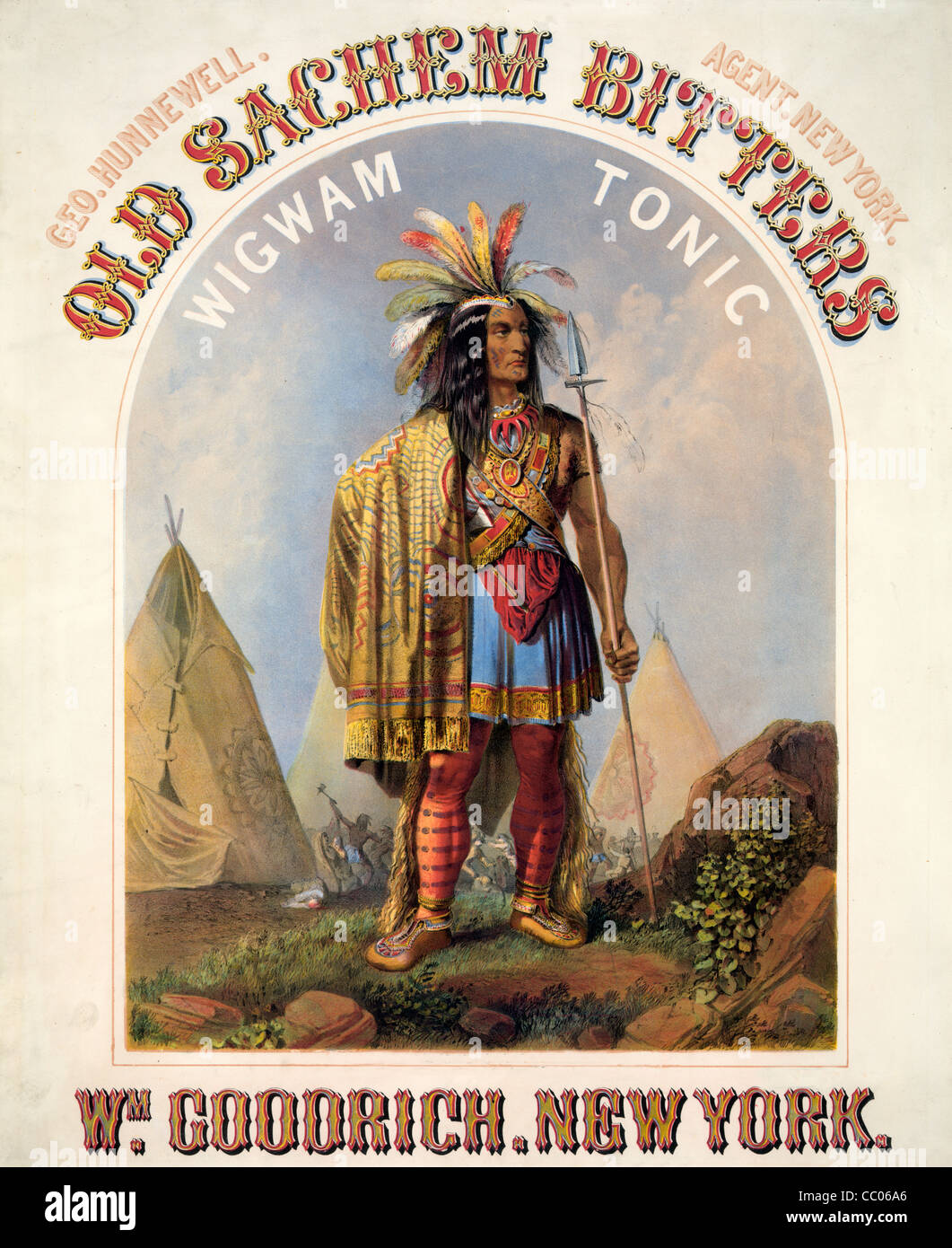 Il vecchio SACHEM *** amari - Native American man - wigwam pubblicità tonico nel 1860 circa Foto Stock