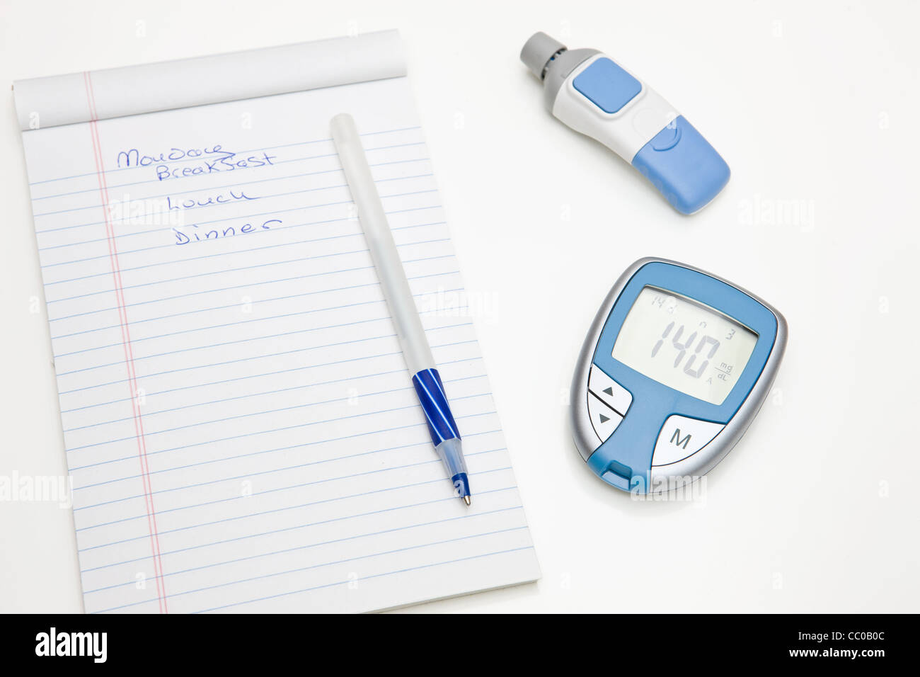 Diabetici Monitor di glucosio, Lancet, penna e Log Book Foto Stock