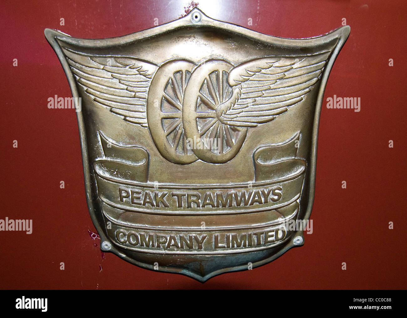 Il logo del Peak Tram tram andando fino al picco di Hong Kong. Foto Stock