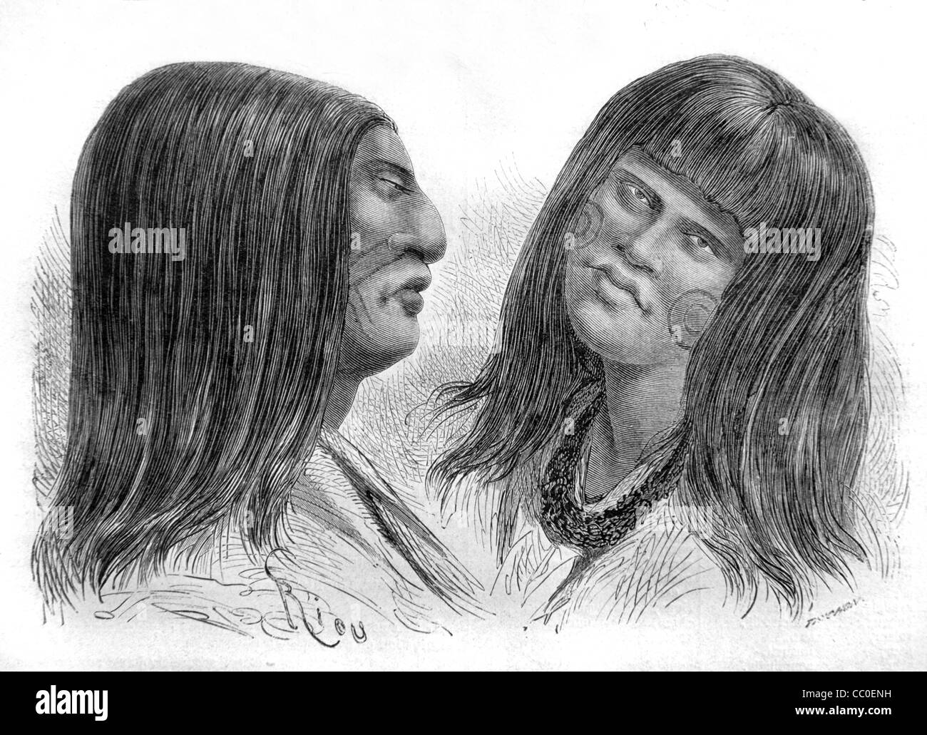 Ritratti di Chontaquiros, Simiranch, Yine o Piro Amerindians, o indiani nativi americani, Perù, Sud America. 1864 incisione o illustrazione d'epoca Foto Stock