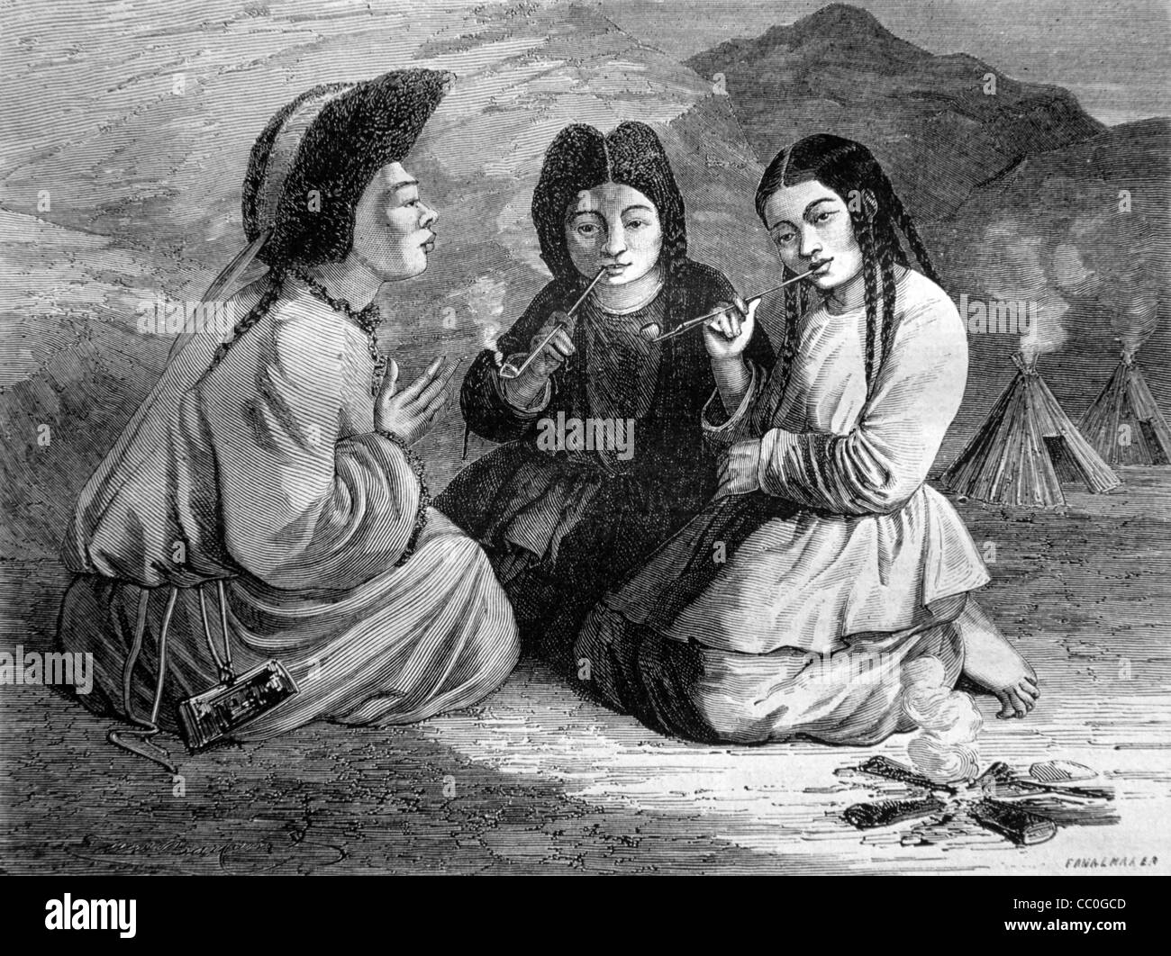 Famiglia nomade Mongol, Nomads o Mongol Smoking Pipes, Mongolia, 1868 Ingraving o Vintage Illustration Foto Stock