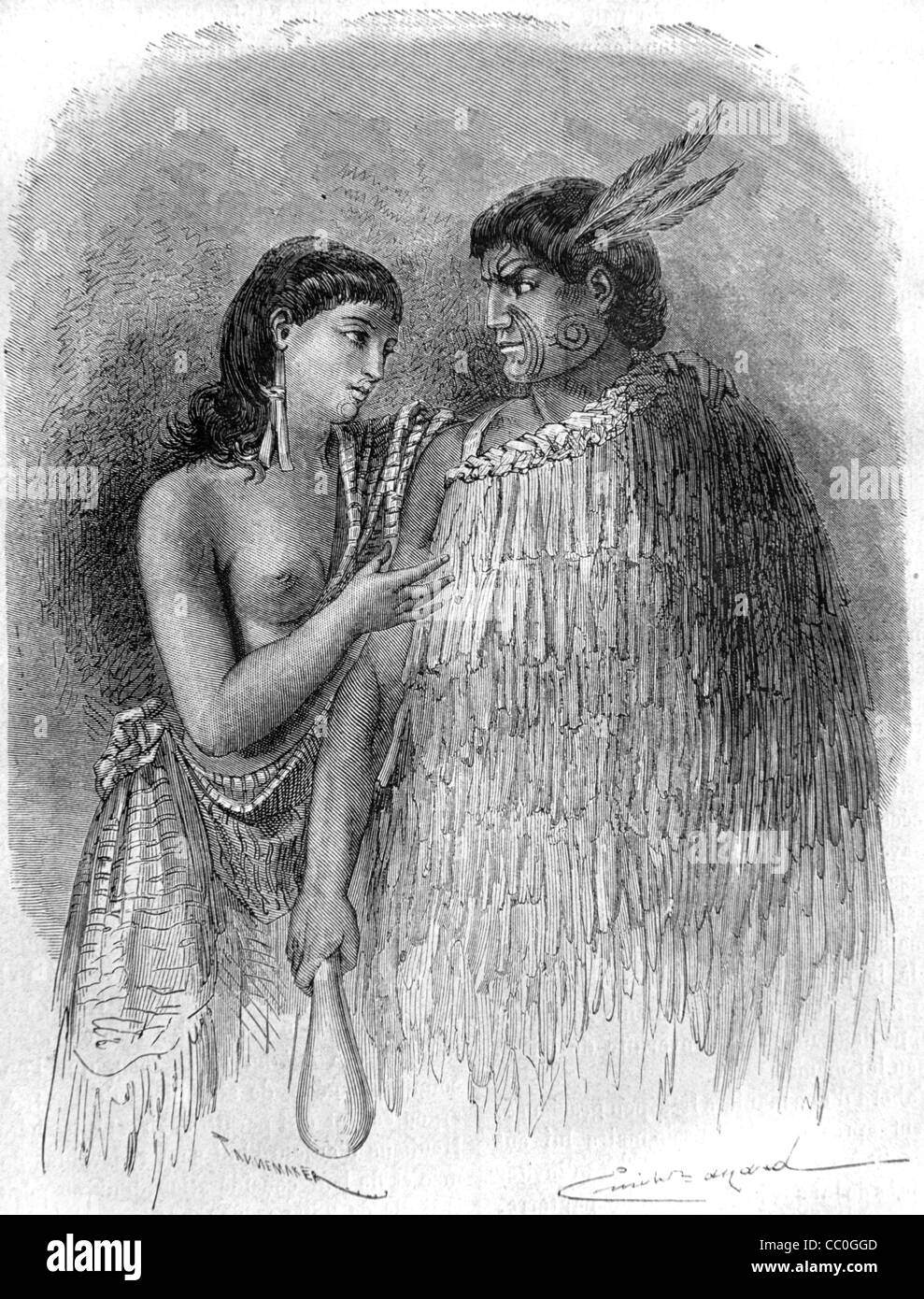 Hone Heke, o Hone Wiremu Heke pakai (1807?-1850), Maori Chief & leader, e moglie, Nuova Zelanda. Istigatore della guerra del Flagstaff. Illustrazione o incisione vintage Foto Stock