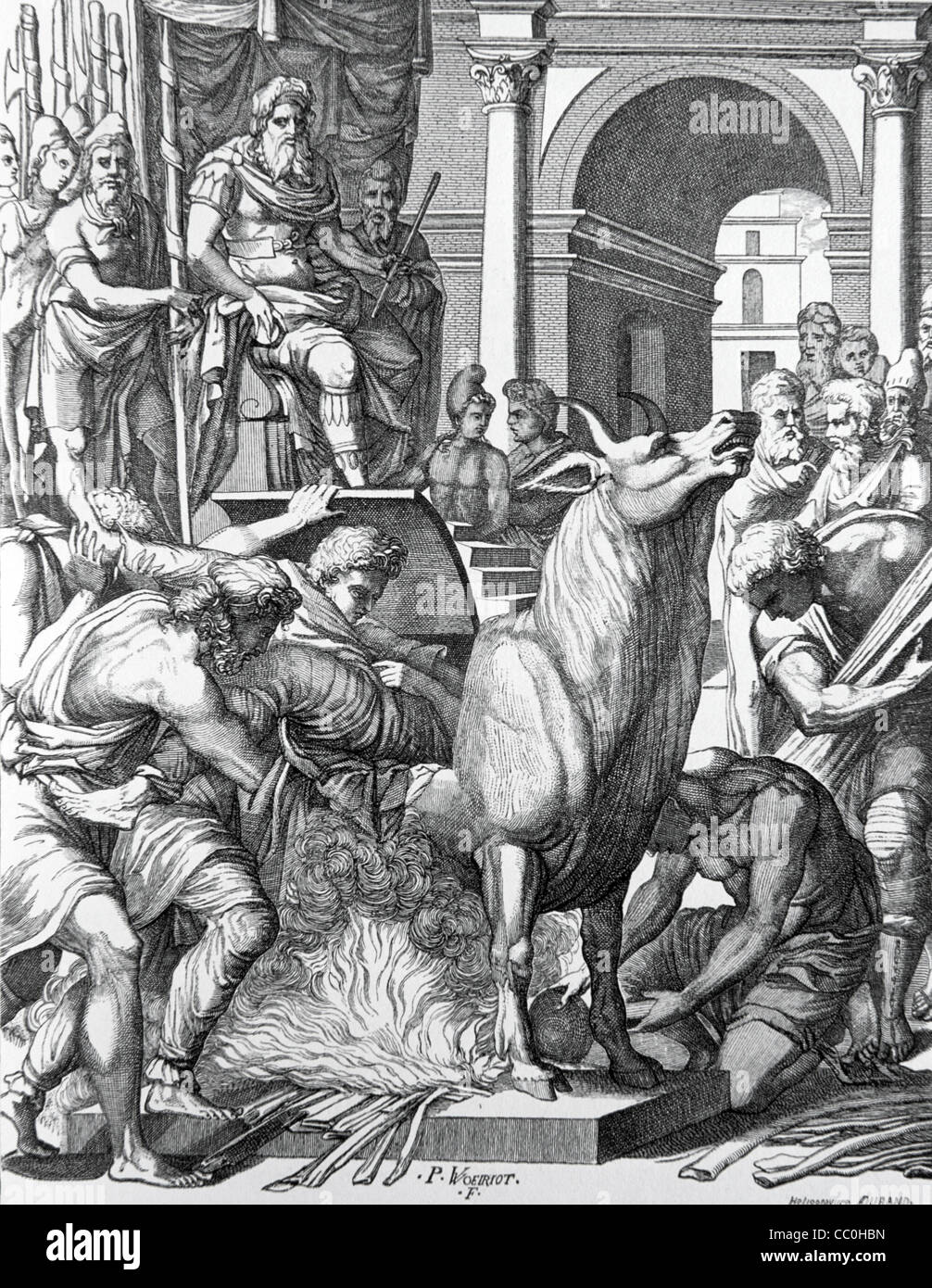 Phalaris, tiranno di Agragas o Agrigentum, colonia in Sicilia (570-554BC) che condanna lo scultore Perillos al Brazen Bronze Bull Illustrazione o incisione vintage Foto Stock