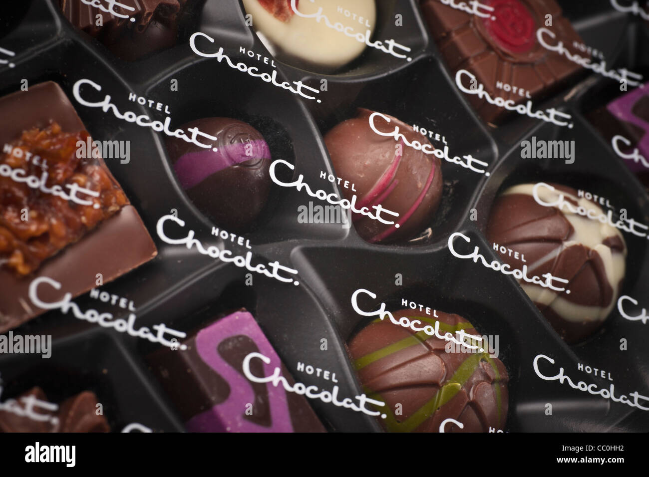 Hotel Chocolat di qualità premium confezione regalo cioccolatini fatti a mano in Gran Bretagna. Un Natale nella casella di selezione (2011 design). Con lamina di logo Foto Stock