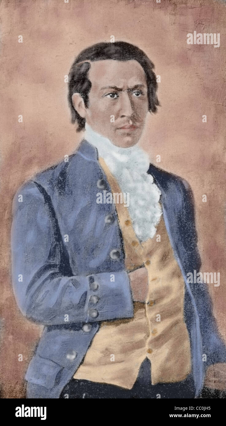 Eugenio Espejo (1747-1795). Medical Pioneer, scrittore e avvocato del mestizo origine coloniale in Ecuador. Incisione colorata. Foto Stock