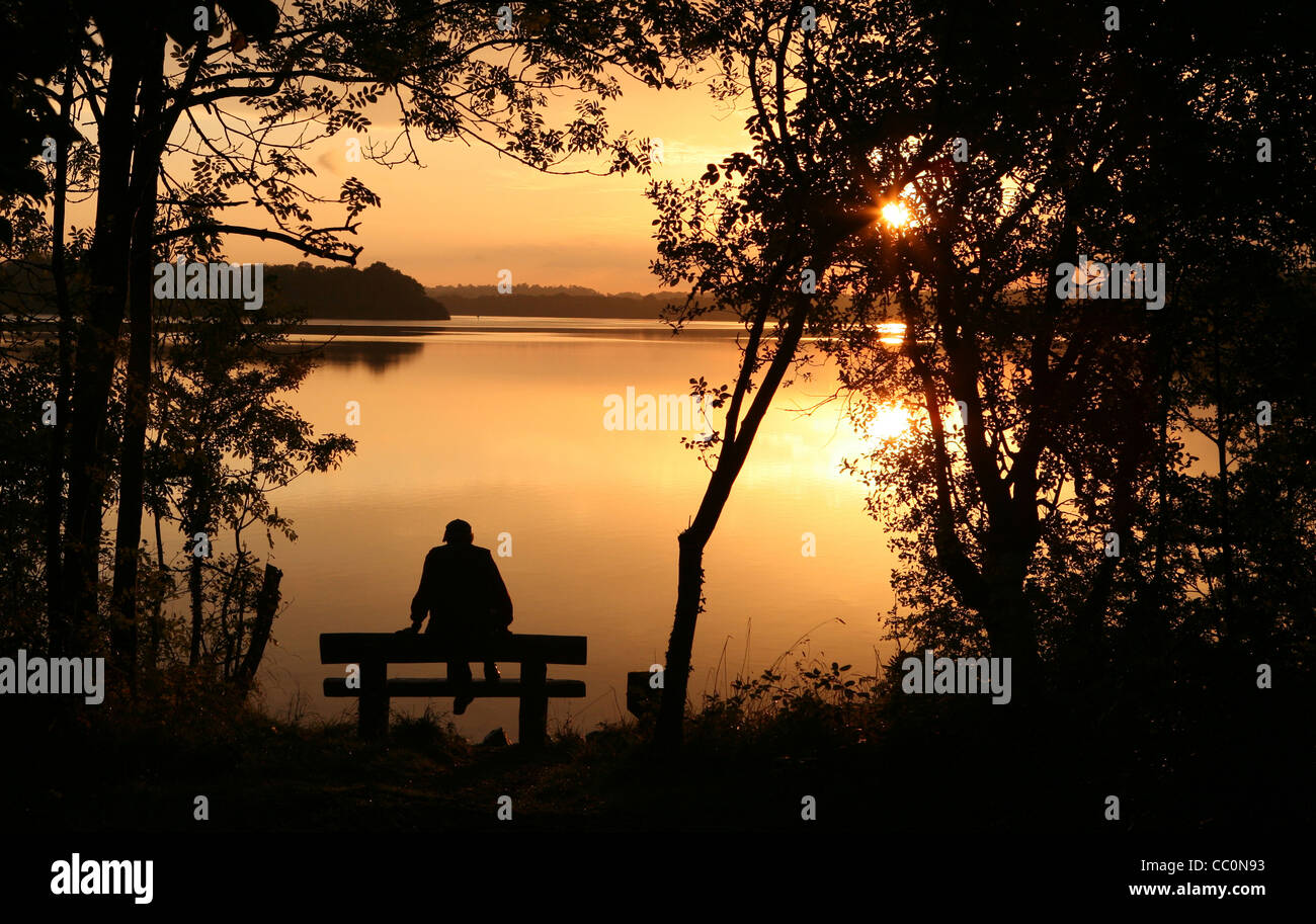 Uomo appoggiato sul banco al tramonto. Garadice. Lago. Co. Leitrim. L'Irlanda Foto Stock