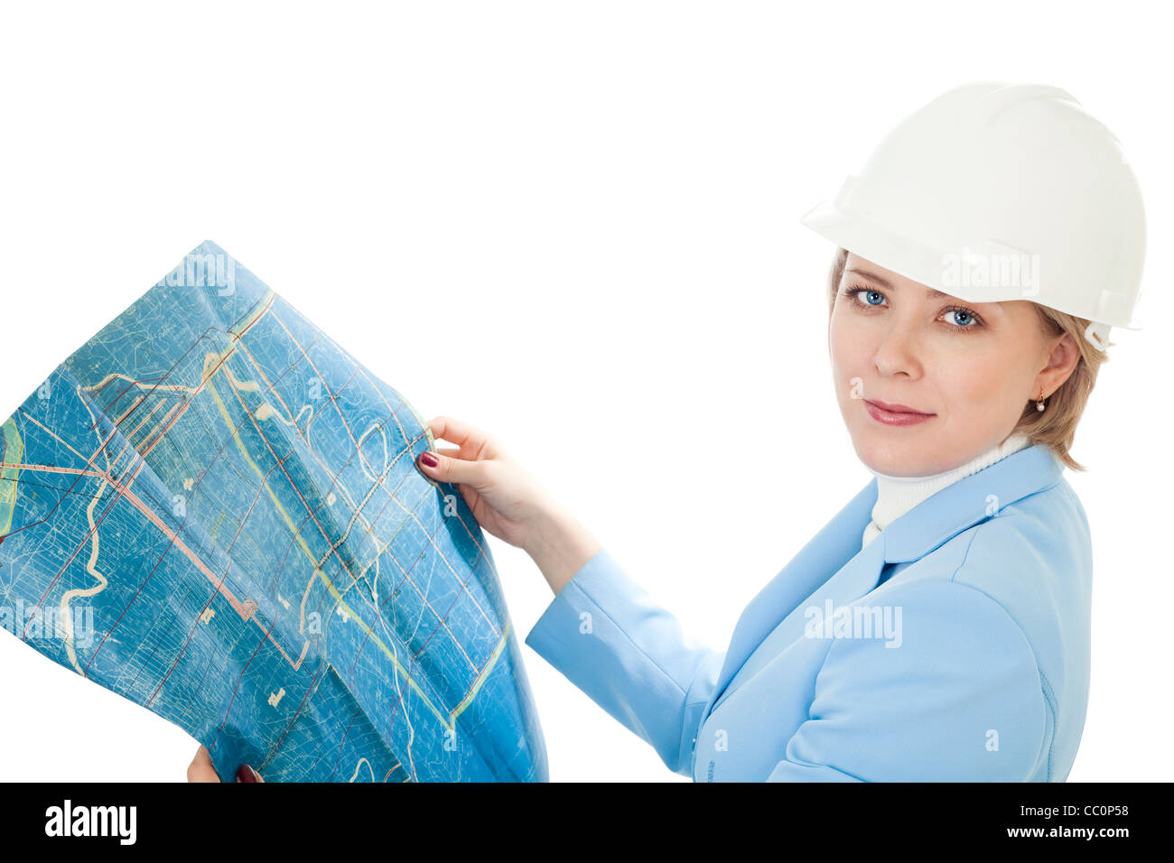 La donna nel coperchio rigido di contenimento del piano di costruzione, isolato su bianco Foto Stock