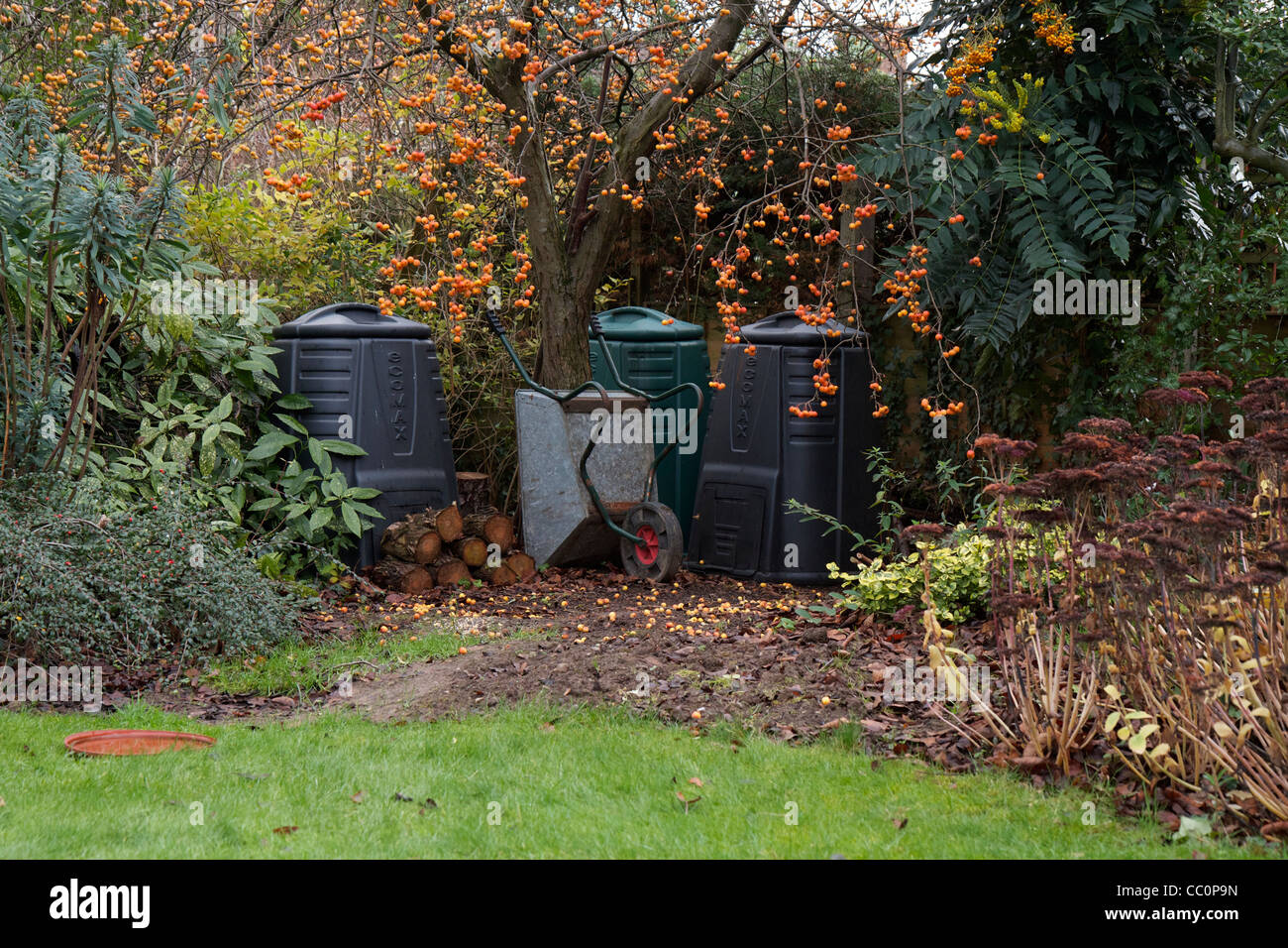 Giardino degli scomparti di compost sotto un granchio melo con tronchi e una ruota di Barrow. Un tipico English country garden scena. Foto Stock
