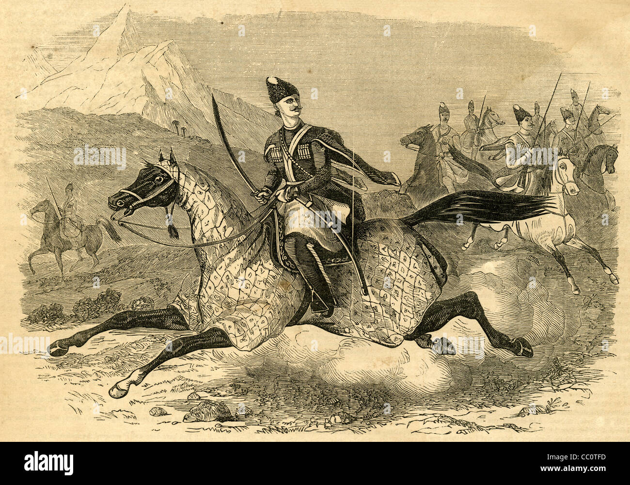 1854 incisione, Ritratto equestre dell Imam Shamil, il Circassian Il capo. Foto Stock