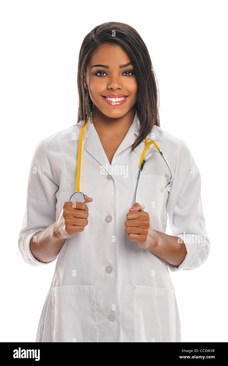 Ritratto di donna African American health care provider sorridente isolate su sfondo bianco Foto Stock