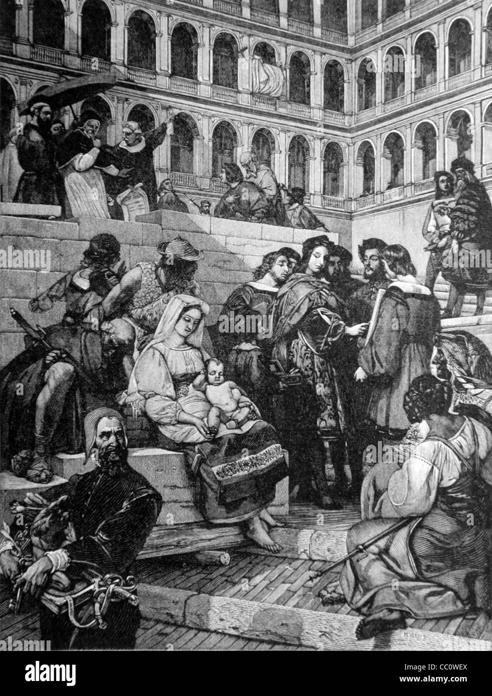 Raphaël in Vaticano il disegno di Maria e Giuseppe nella parte anteriore del papa Giulio II (1443-1513) incisione della pittura di Orazio Vernet Foto Stock