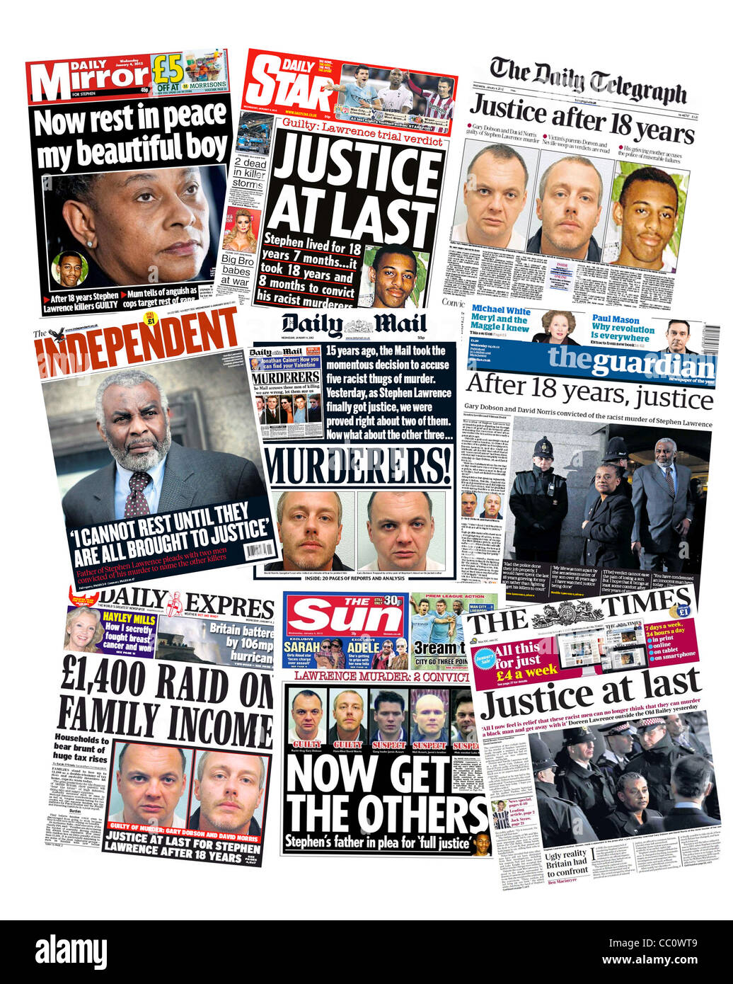 British National Papers pagina anteriore di copertura della Stephen Lawrence omicidio trial 2012. Foto Stock