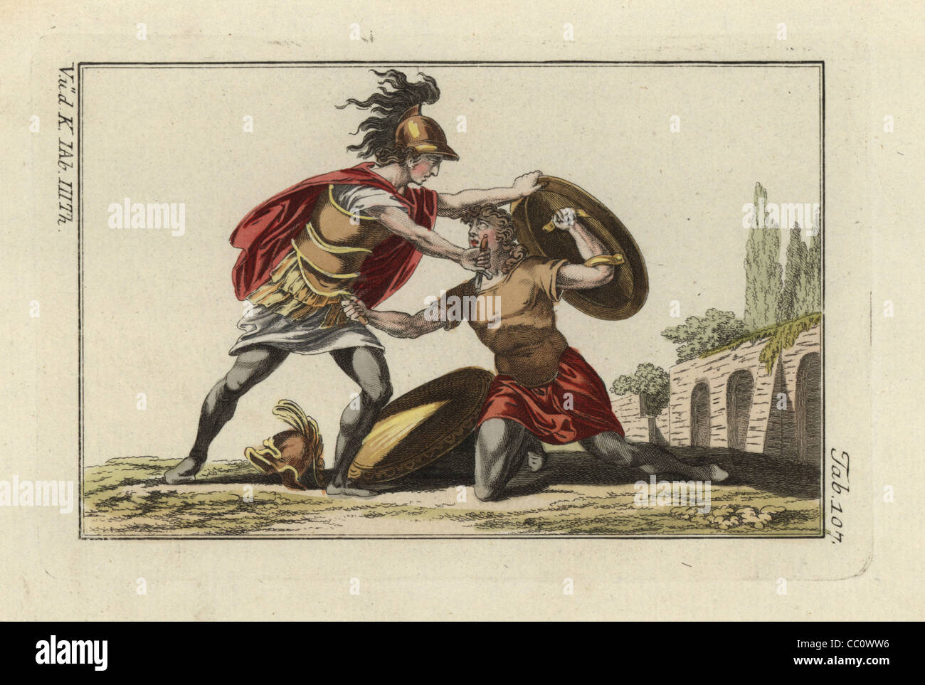 Due guerrieri etruschi in una lotta mortale con pugnali. Foto Stock